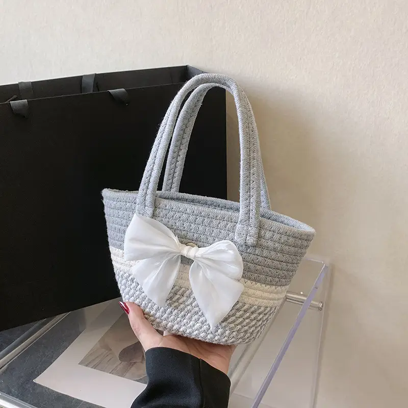 Women's Straw Bow Shoulder Bag Gray White - Image 9