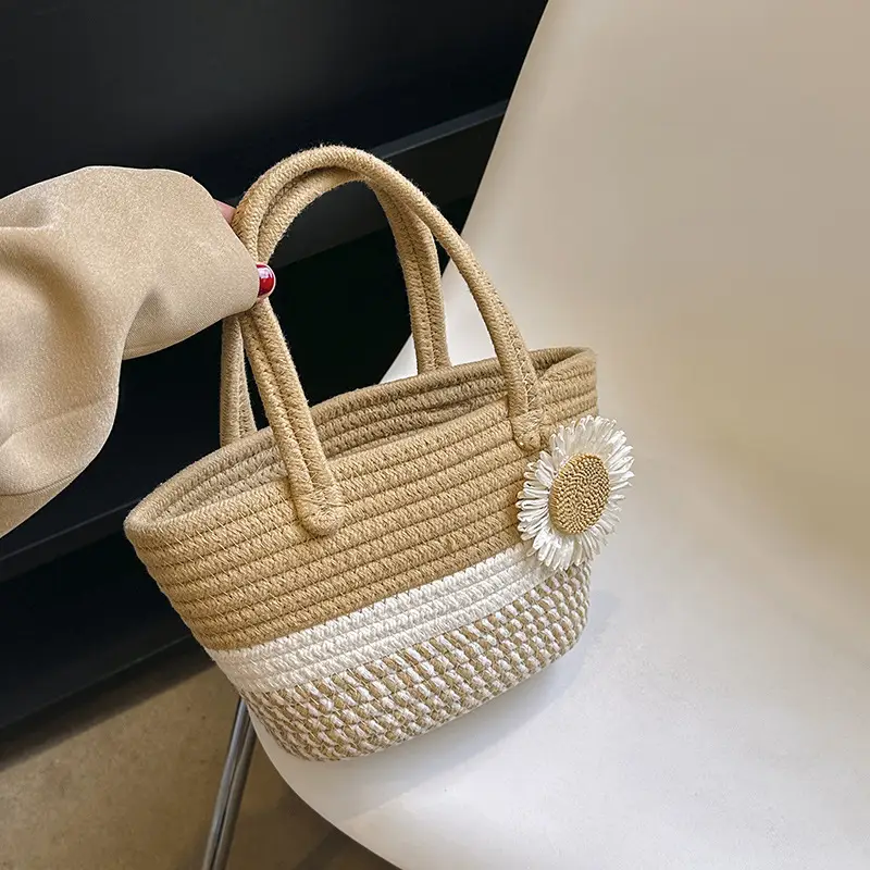 Women's Straw Bow Shoulder Bag Gray White - Image 10
