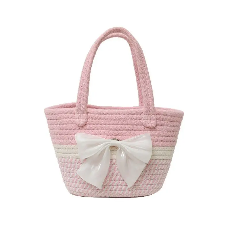 Women's Straw Bow Shoulder Bag Gray White - Image 11
