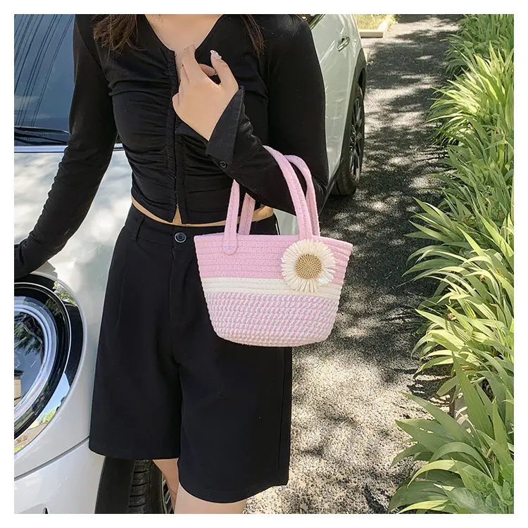 Women's Straw Bow Shoulder Bag Gray White — feature 13