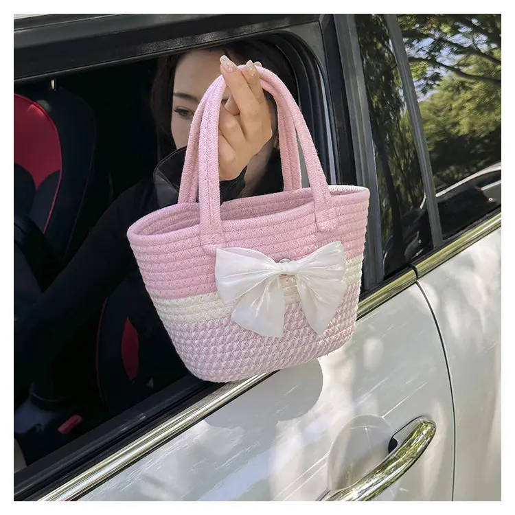 Women's Straw Bow Shoulder Bag Gray White — feature 15