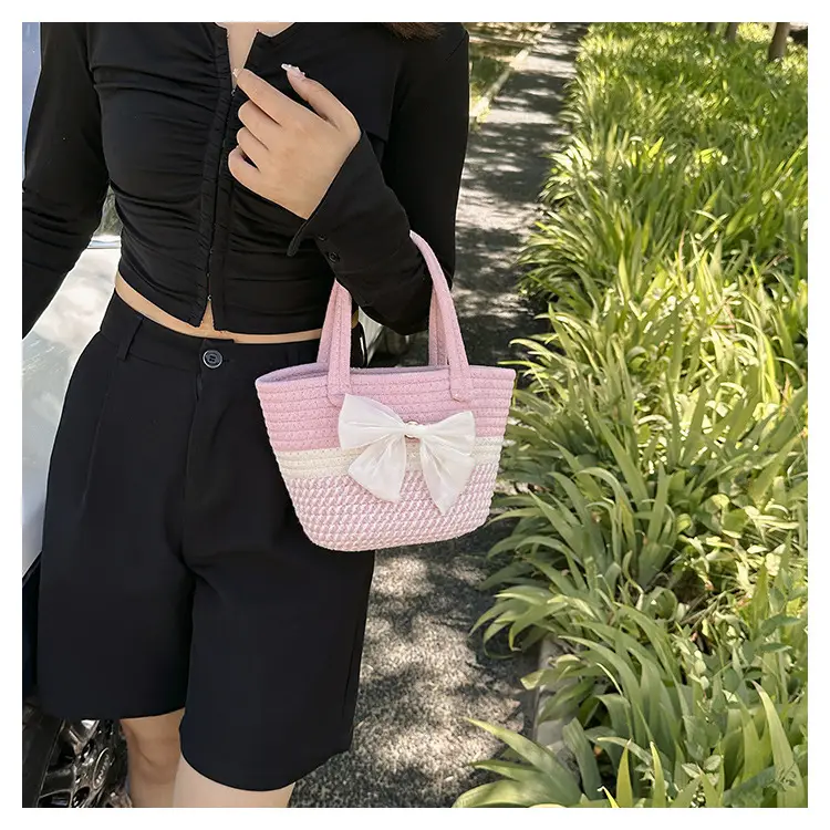 Women's Straw Bow Shoulder Bag Gray White — feature 16