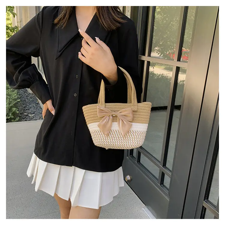 Women's Straw Bow Shoulder Bag Gray White — feature 18