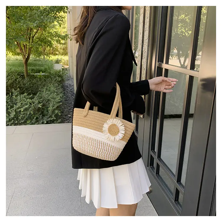 Women's Straw Bow Shoulder Bag Gray White — feature 20