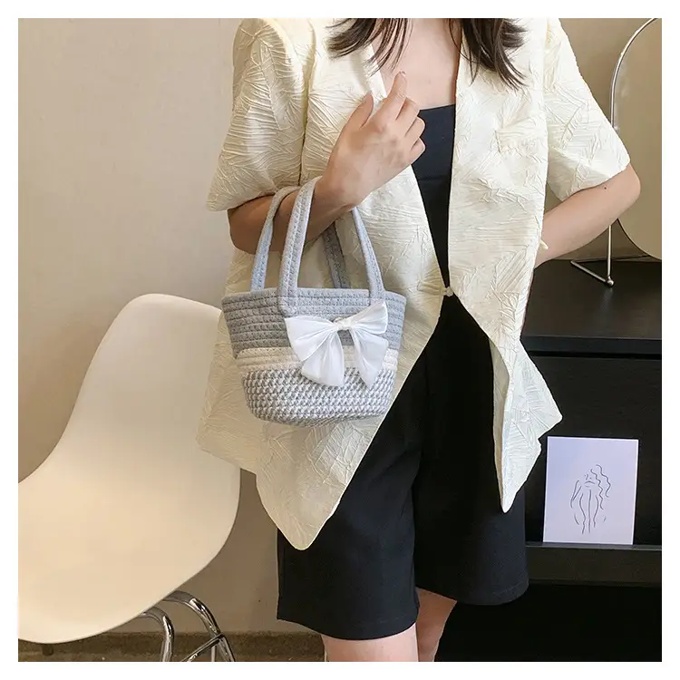 Women's Straw Bow Shoulder Bag Gray White — feature 23