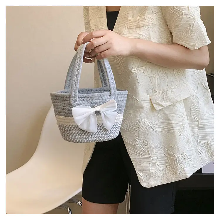 Women's Straw Bow Shoulder Bag Gray White — feature 24