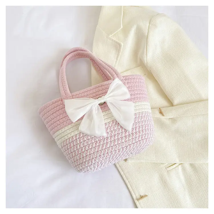Women's Straw Bow Shoulder Bag Gray White — feature 25