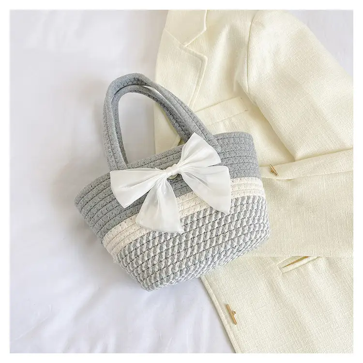 Women's Straw Bow Shoulder Bag Gray White — feature 26