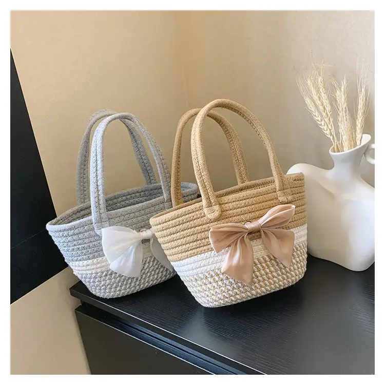 Women's Straw Bow Shoulder Bag Gray White — feature 32