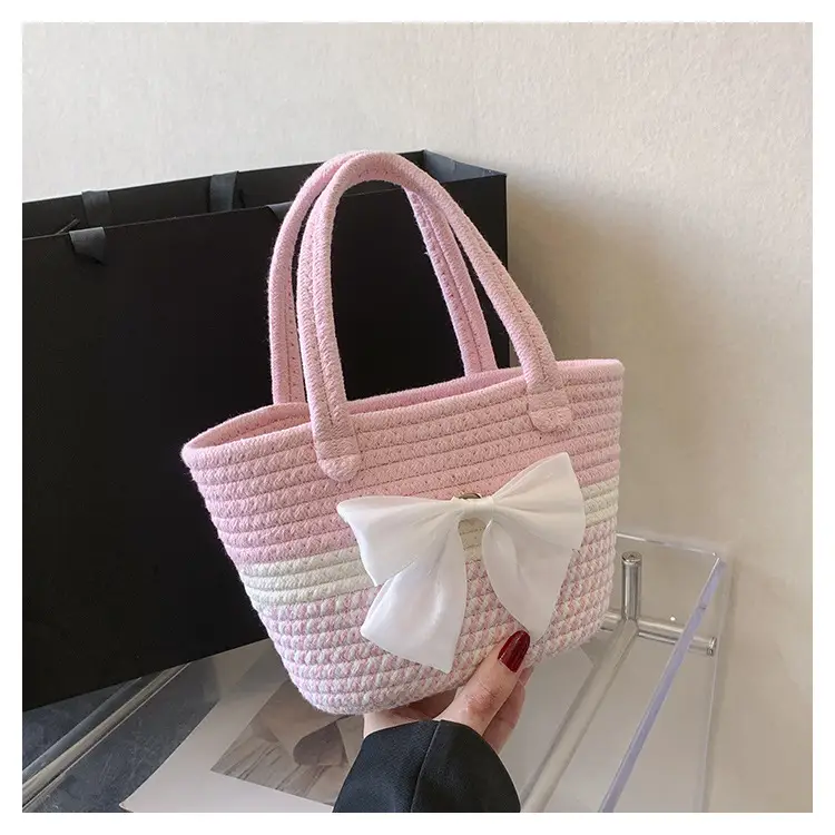 Women's Straw Bow Shoulder Bag Gray White — feature 35