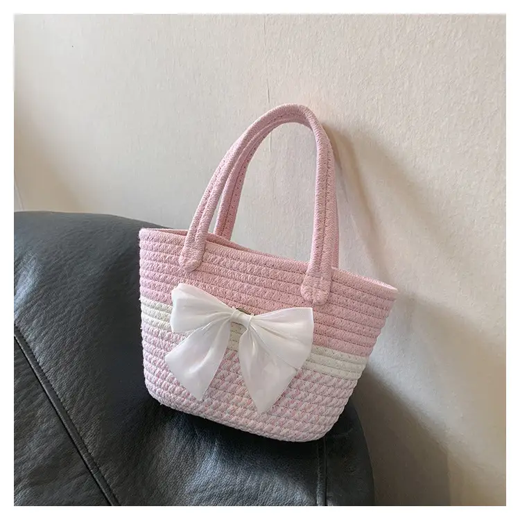 Women's Straw Bow Shoulder Bag Gray White — feature 37