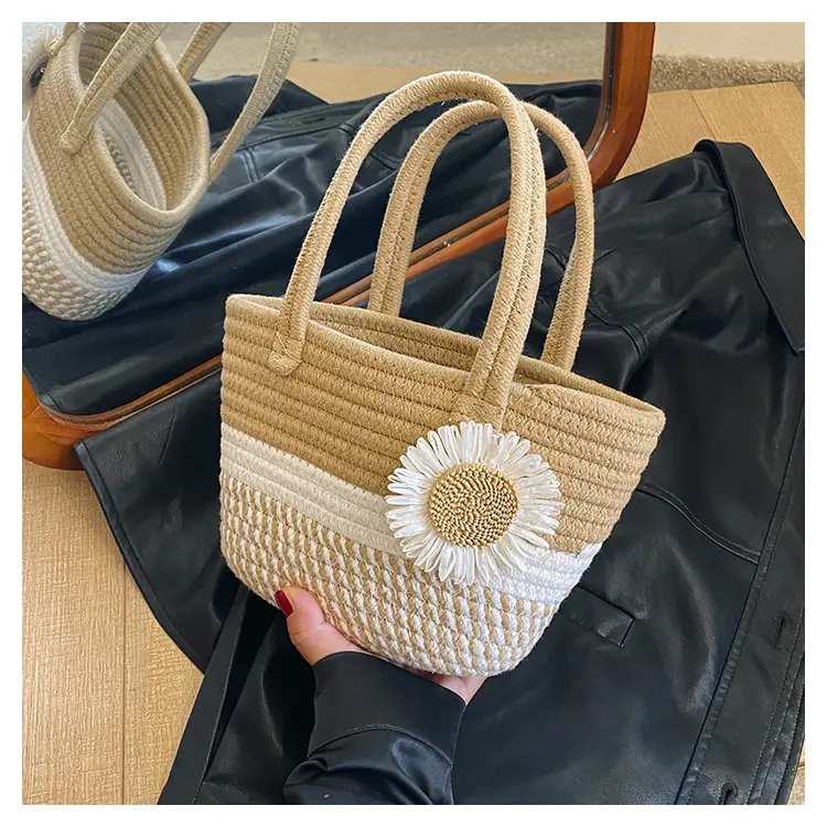 Women's Straw Bow Shoulder Bag Gray White — feature 38