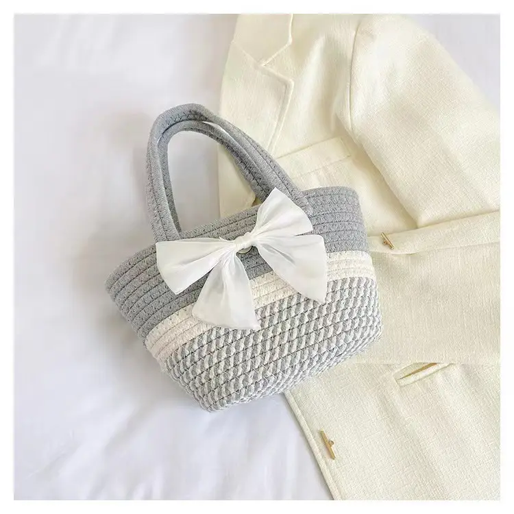 Women's Straw Bow Shoulder Bag Gray White - Image 5