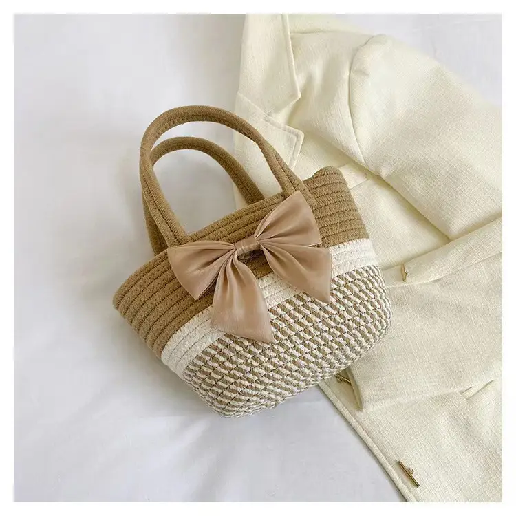 Women's Straw Bow Shoulder Bag Gray White - Image 6