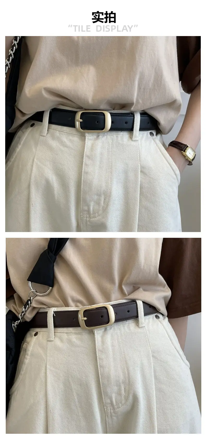 Women's White Leather Belt with Pin Buckle — feature 4