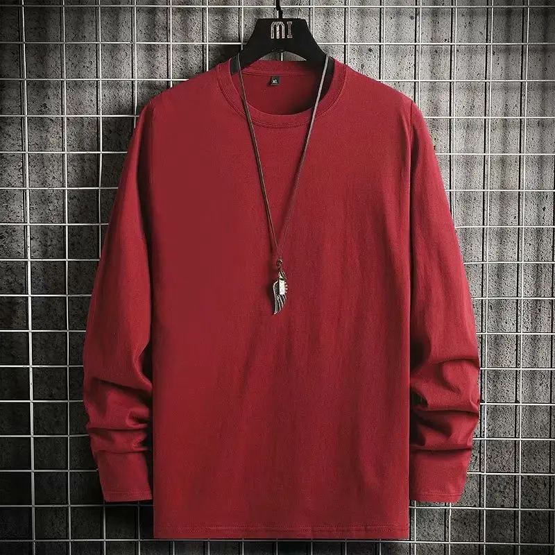 Men Red Long Sleeve Cotton T-Shirt Round Neck 2020 - Image 12