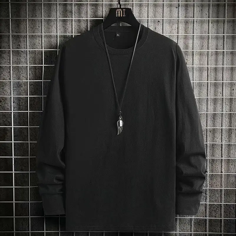 Men Red Long Sleeve Cotton T-Shirt Round Neck 2020 - Image 2