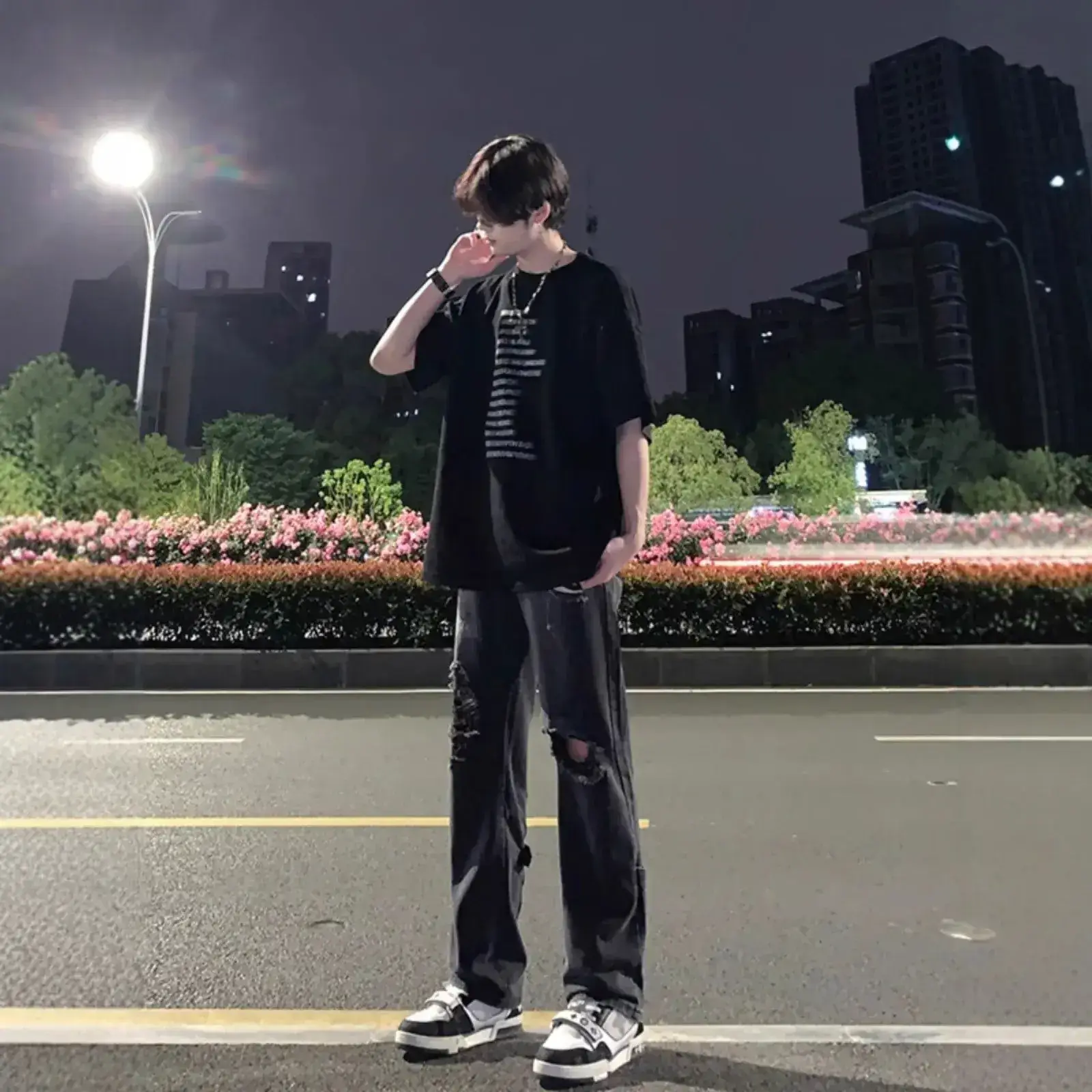 Men's Black Ripped Leg Pants Summer Thin High Street Style