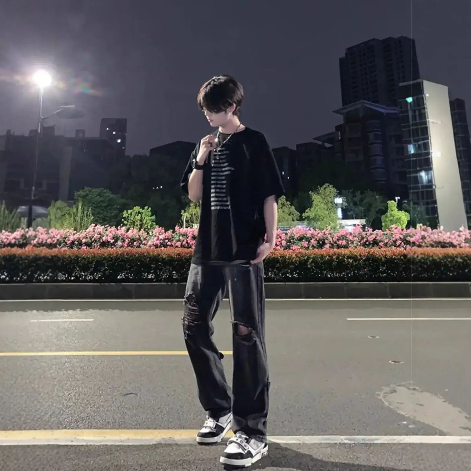 Men's Black Ripped Leg Pants Summer Thin High Street Style