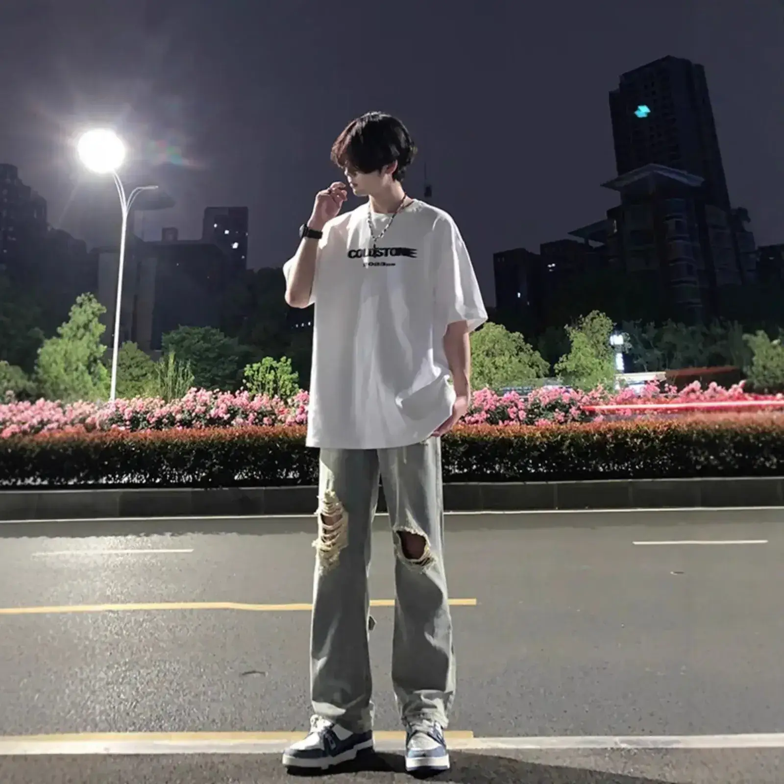 Men's Black Ripped Leg Pants Summer Thin High Street Style