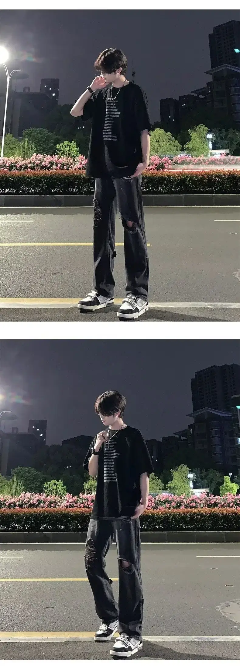 Men's Black Ripped Leg Pants Summer Thin High Street Style — feature 7