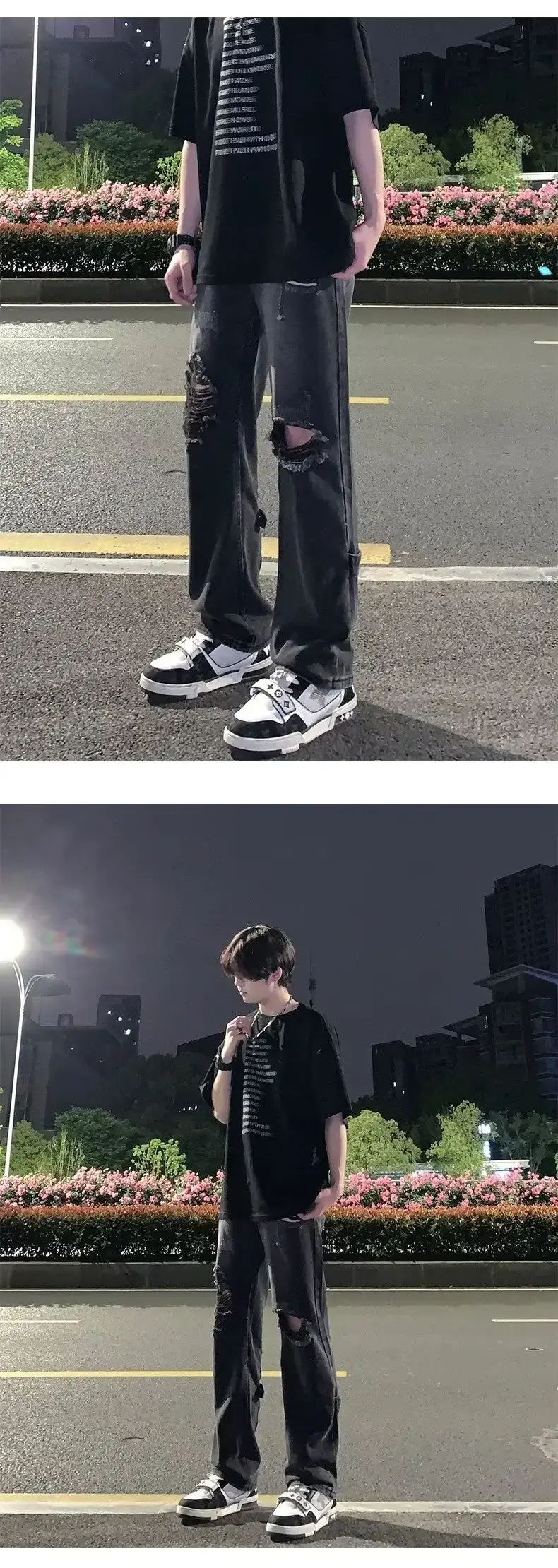 Men's Black Ripped Leg Pants Summer Thin High Street Style — feature 9