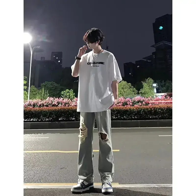 Men's Black Ripped Leg Pants Summer Thin High Street Style