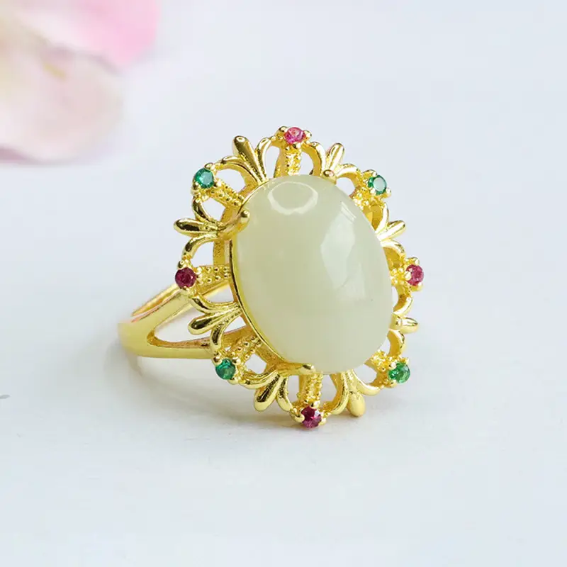 Guan Yu Jade Ring Pigeon Egg Gold Plated Vintage - Image 3
