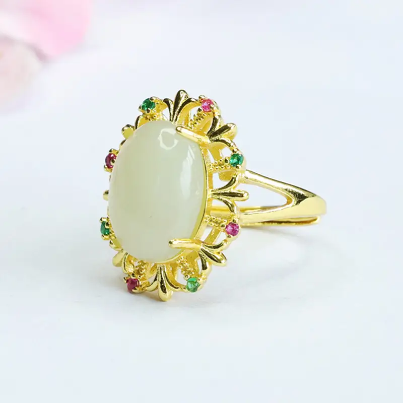 Guan Yu Jade Ring Pigeon Egg Gold Plated Vintage - Image 4