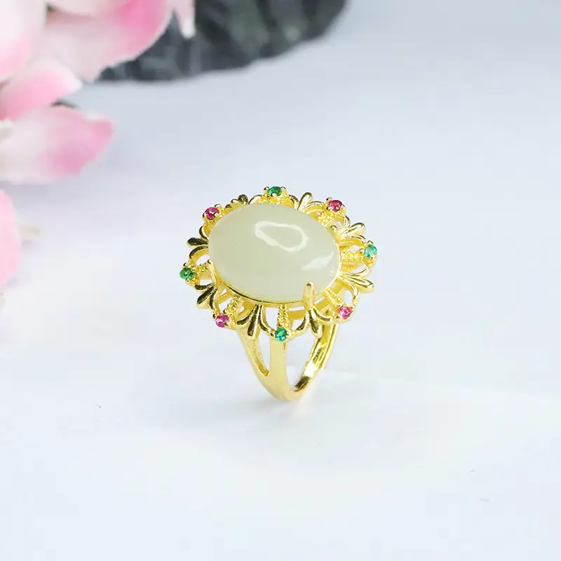 Guan Yu Jade Ring Pigeon Egg Gold Plated Vintage - Image 5