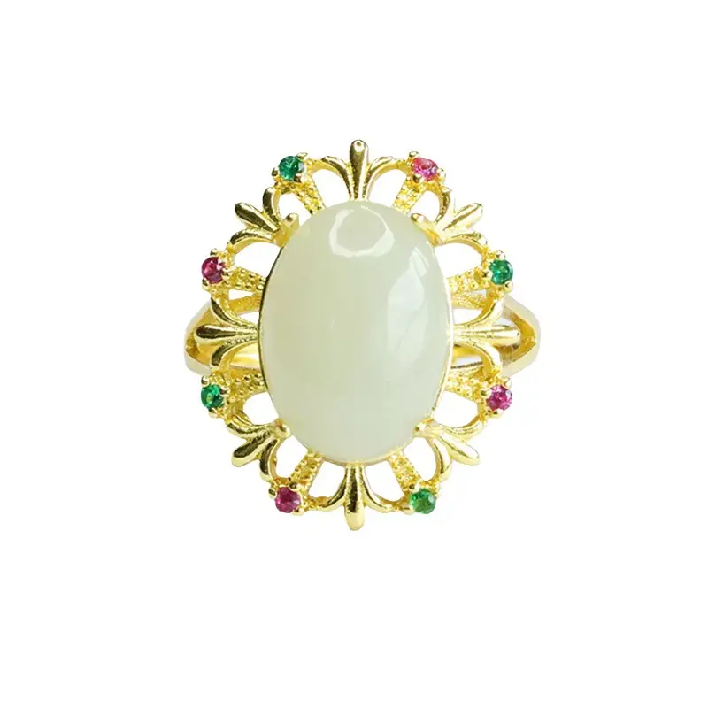 Guan Yu Jade Ring Pigeon Egg Gold Plated Vintage - Image 6