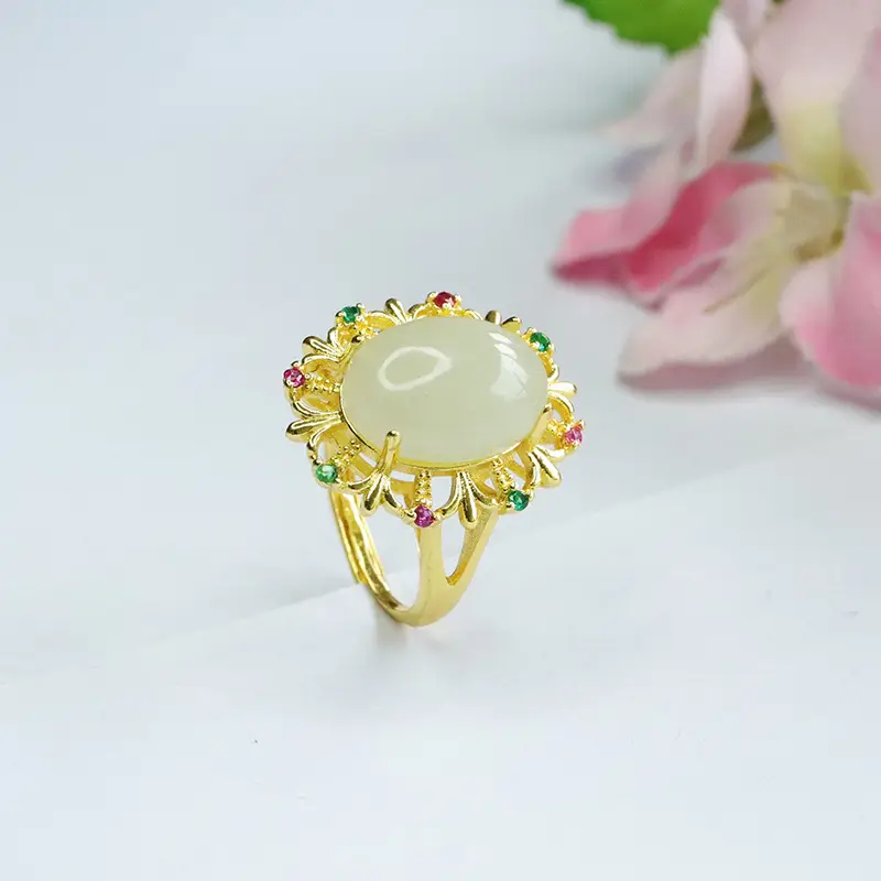 Guan Yu Jade Ring Pigeon Egg Gold Plated Vintage — feature 11