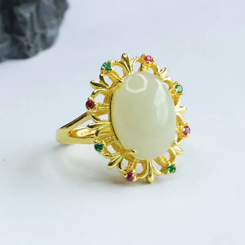 Guan Yu Jade Ring Pigeon Egg Gold Plated Vintage — feature 8