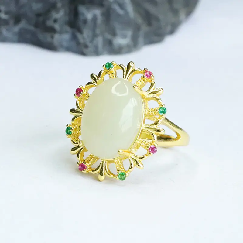 Guan Yu Jade Ring Pigeon Egg Gold Plated Vintage — feature 9