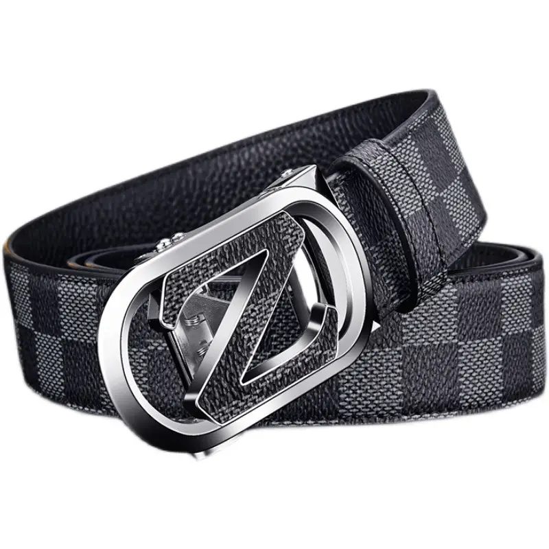 Men's Black Checkered Leather Belt with Silver Buckle - Image 7