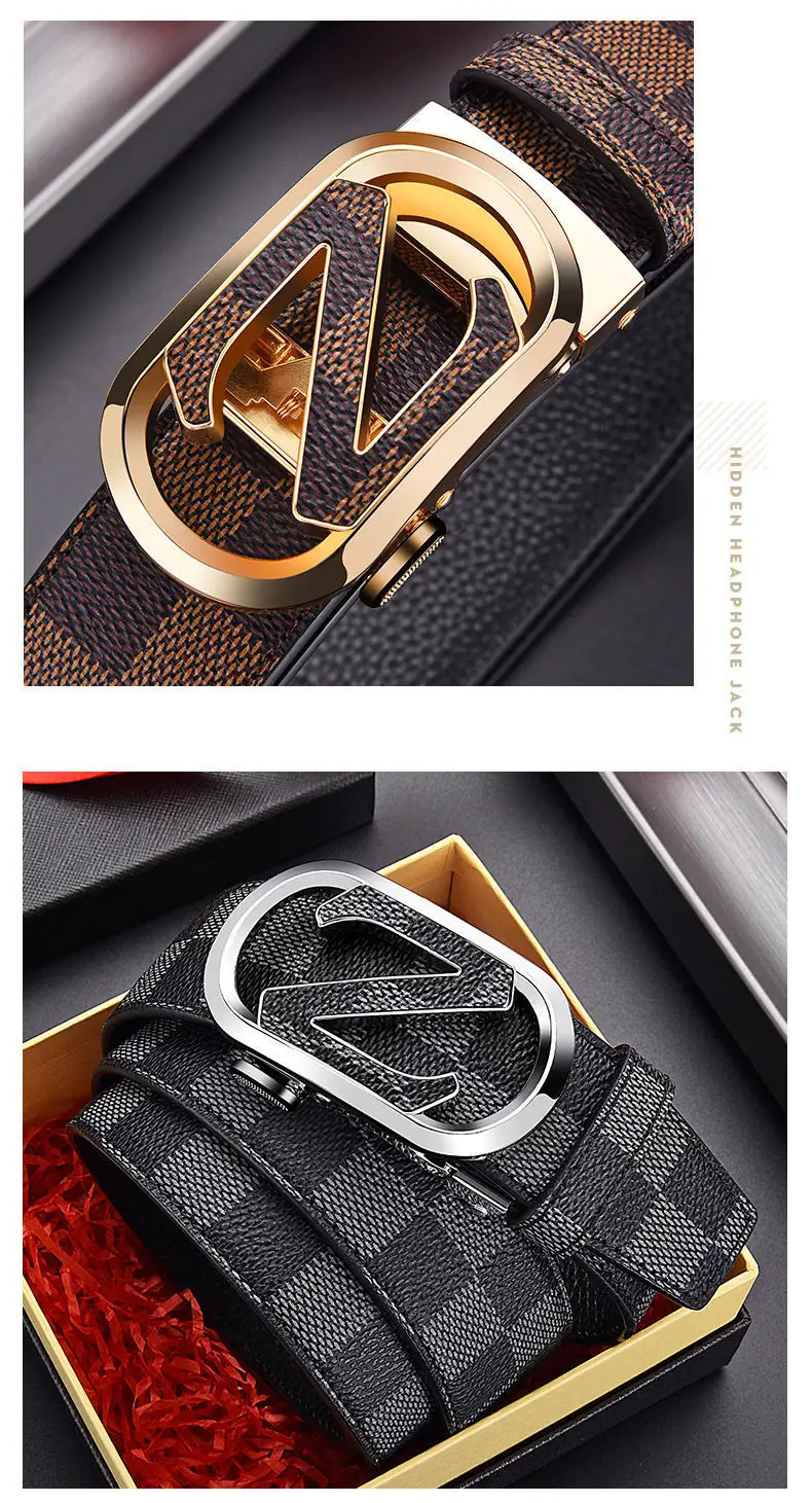 Men's Black Checkered Leather Belt with Silver Buckle β feature 12