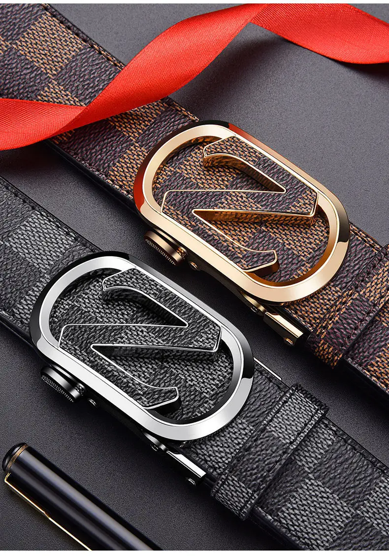 Men's Black Checkered Leather Belt with Silver Buckle β feature 6