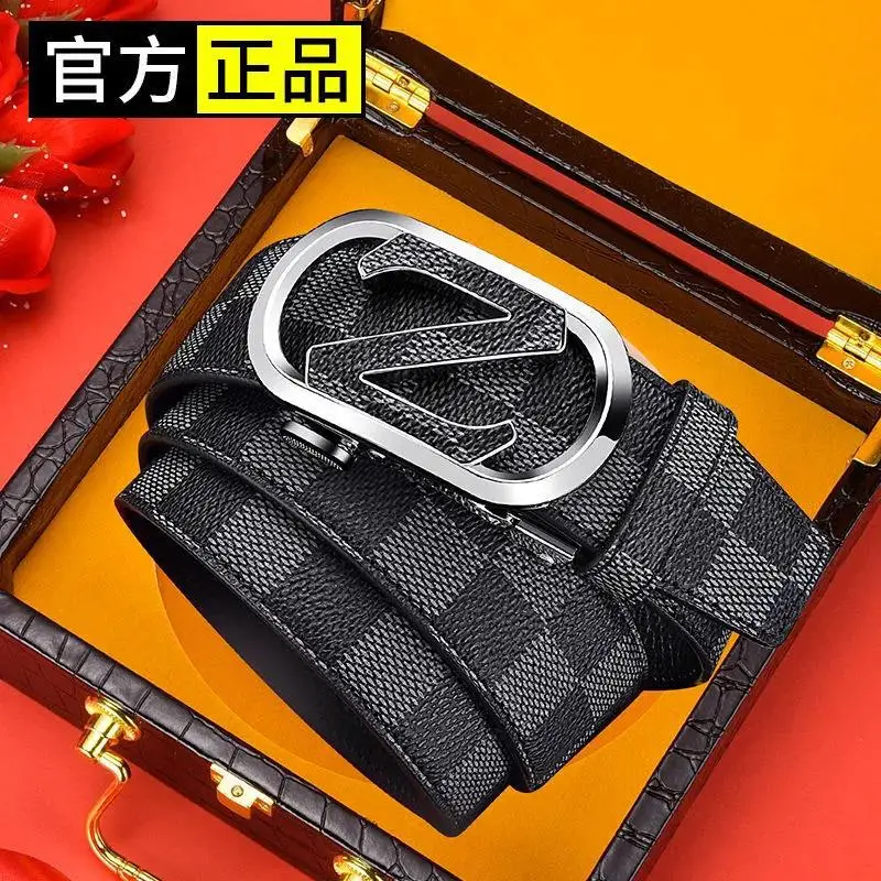 Men's Black Checkered Leather Belt with Silver Buckle