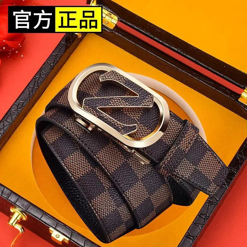 Men's Black Checkered Leather Belt with Silver Buckle - Image 2