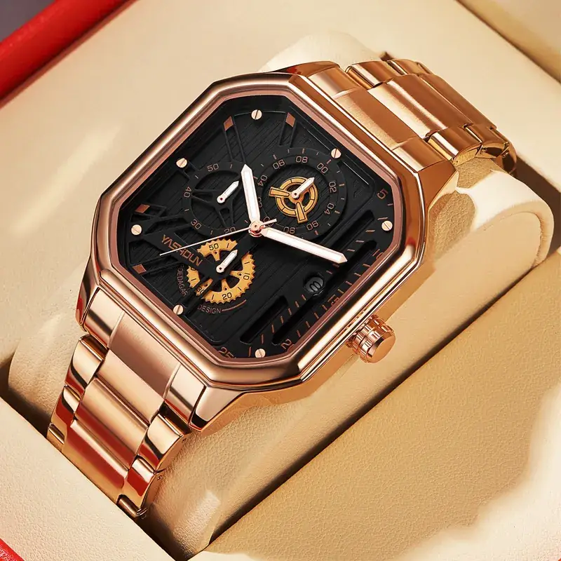 Men's Square Hollow Watch Gold Black Three Eye Six Pin - Image 18