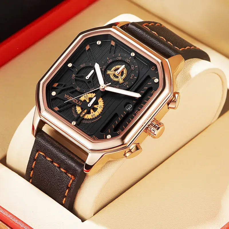Men's Square Hollow Watch Gold Black Three Eye Six Pin - Image 13
