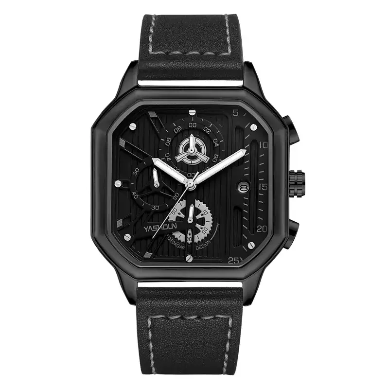 Men's Square Hollow Watch Gold Black Three Eye Six Pin - Image 14