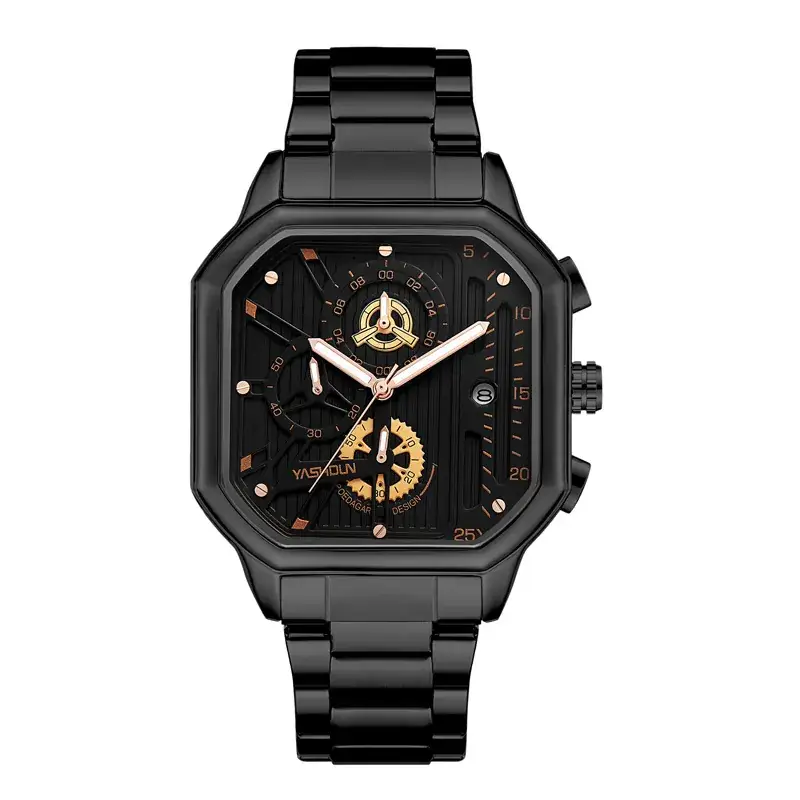Men's Square Hollow Watch Gold Black Three Eye Six Pin - Image 8