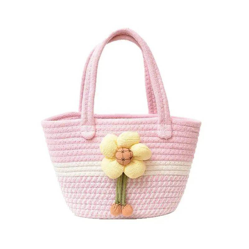 Pink Straw Flower Shoulder Bag for Women - Image 8
