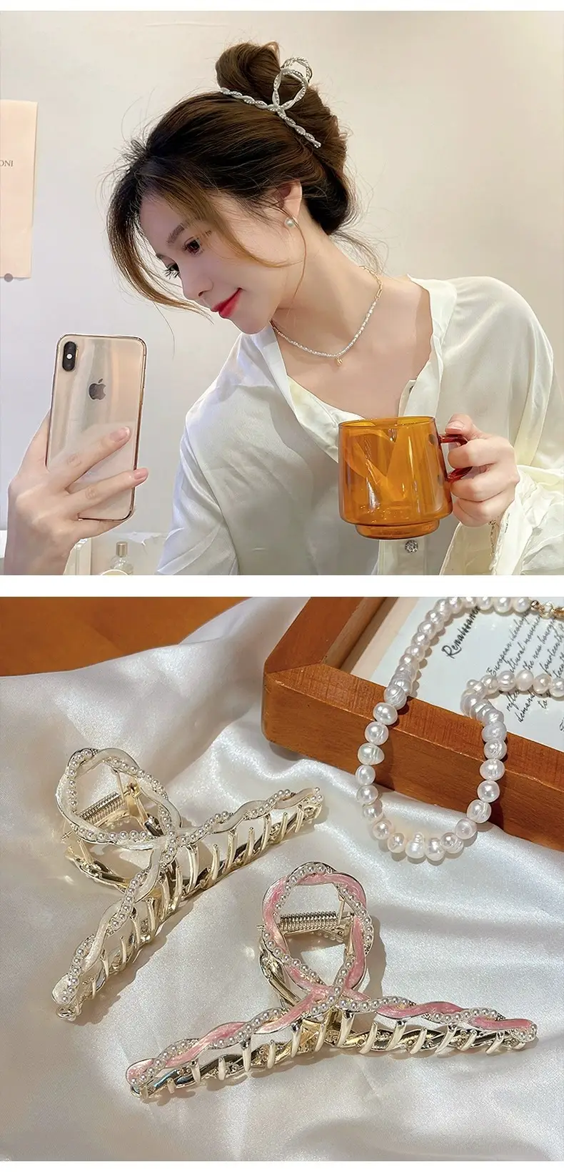 Pearl Clip Hairpin for Women, Gold Tone, Stylish Back Head Hair Accessories — feature 7