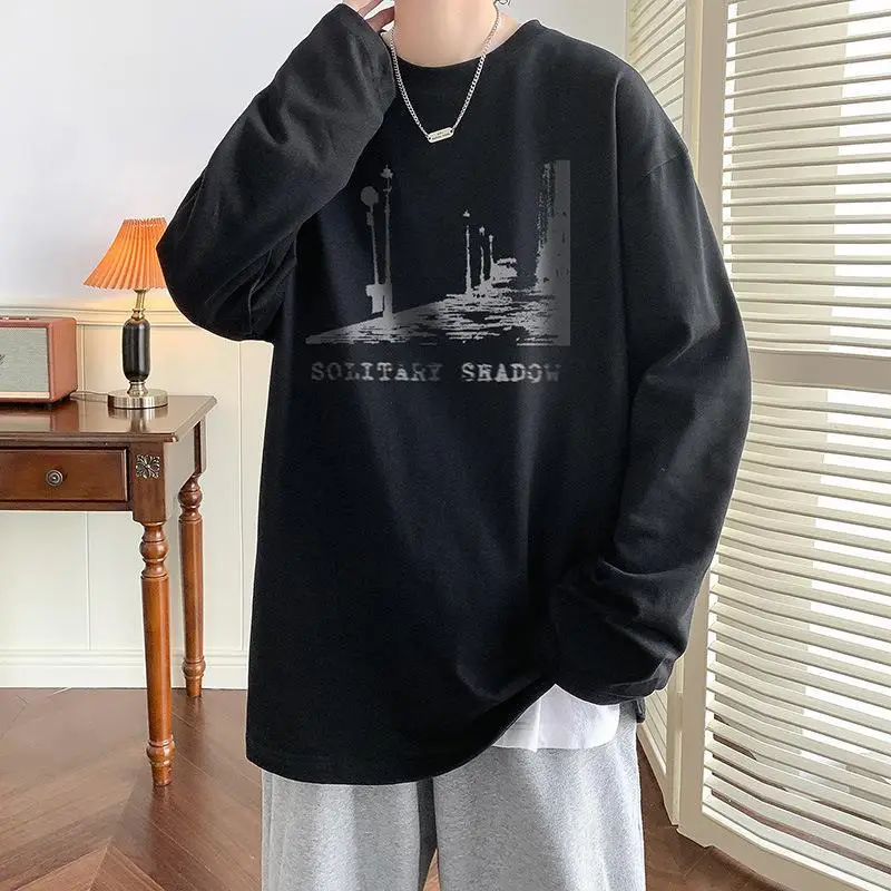 Men's Black Printed Long Sleeve T-Shirt Loose Fit Harajuku Style - Image 5