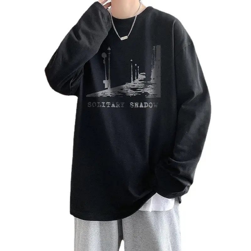 Men's Black Printed Long Sleeve T-Shirt Loose Fit Harajuku Style - Image 8