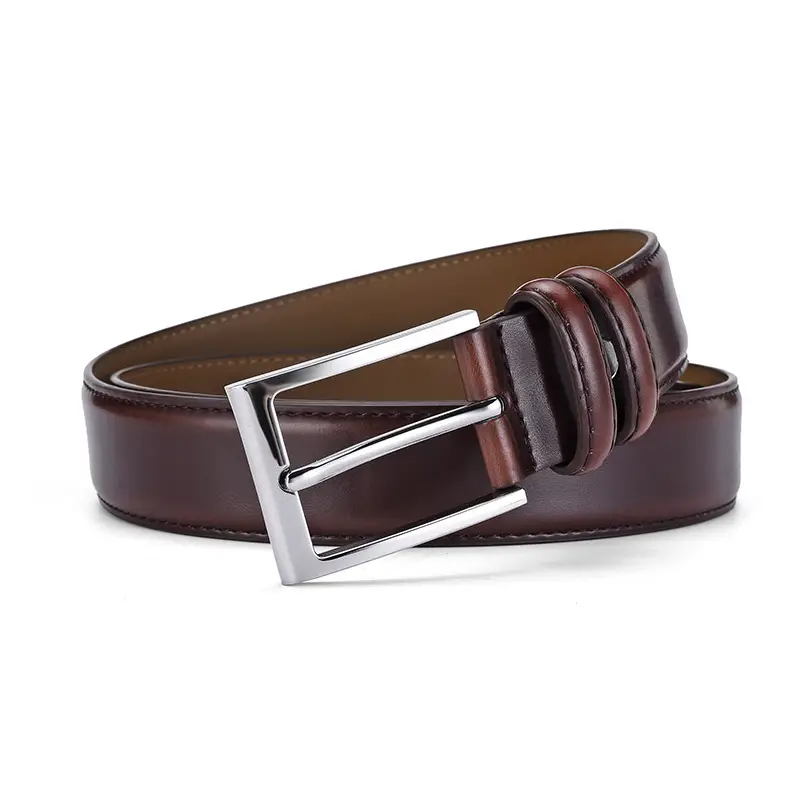 Men's Genuine Leather Belt with Silver Buckle Brown - Image 2