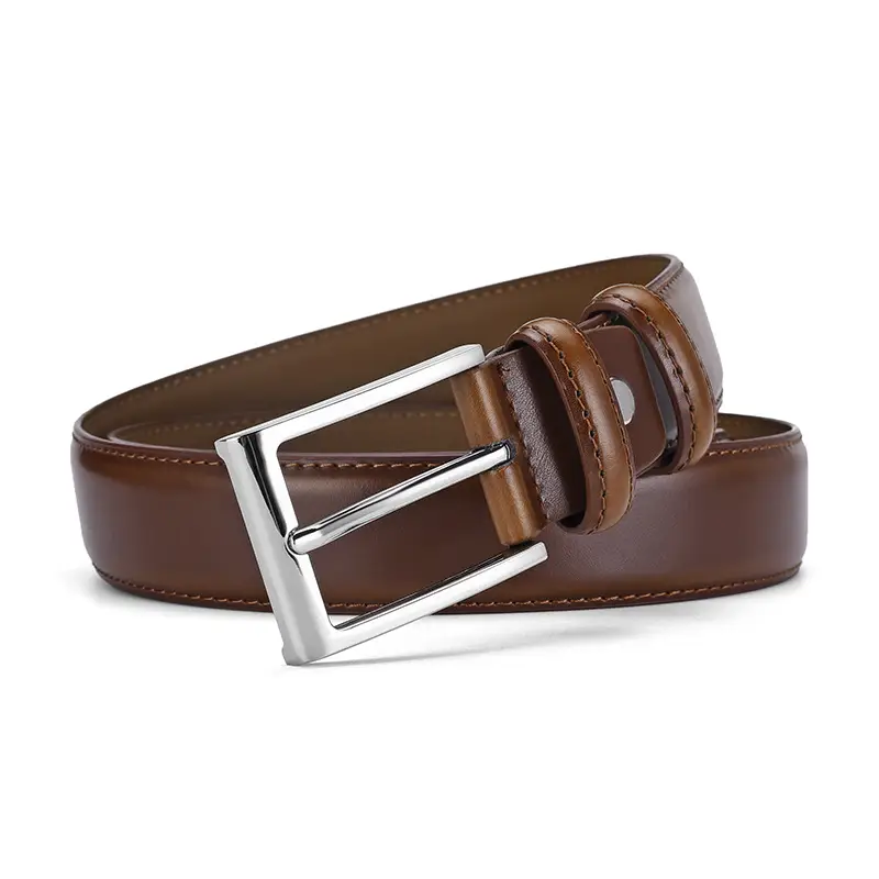 Men's Genuine Leather Belt with Silver Buckle Brown - Image 3