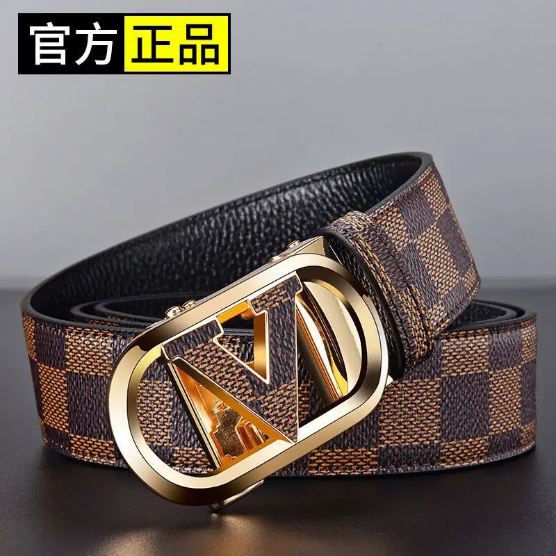 Men's Black Checkered Belt with Gold Logo Buckle - Image 3
